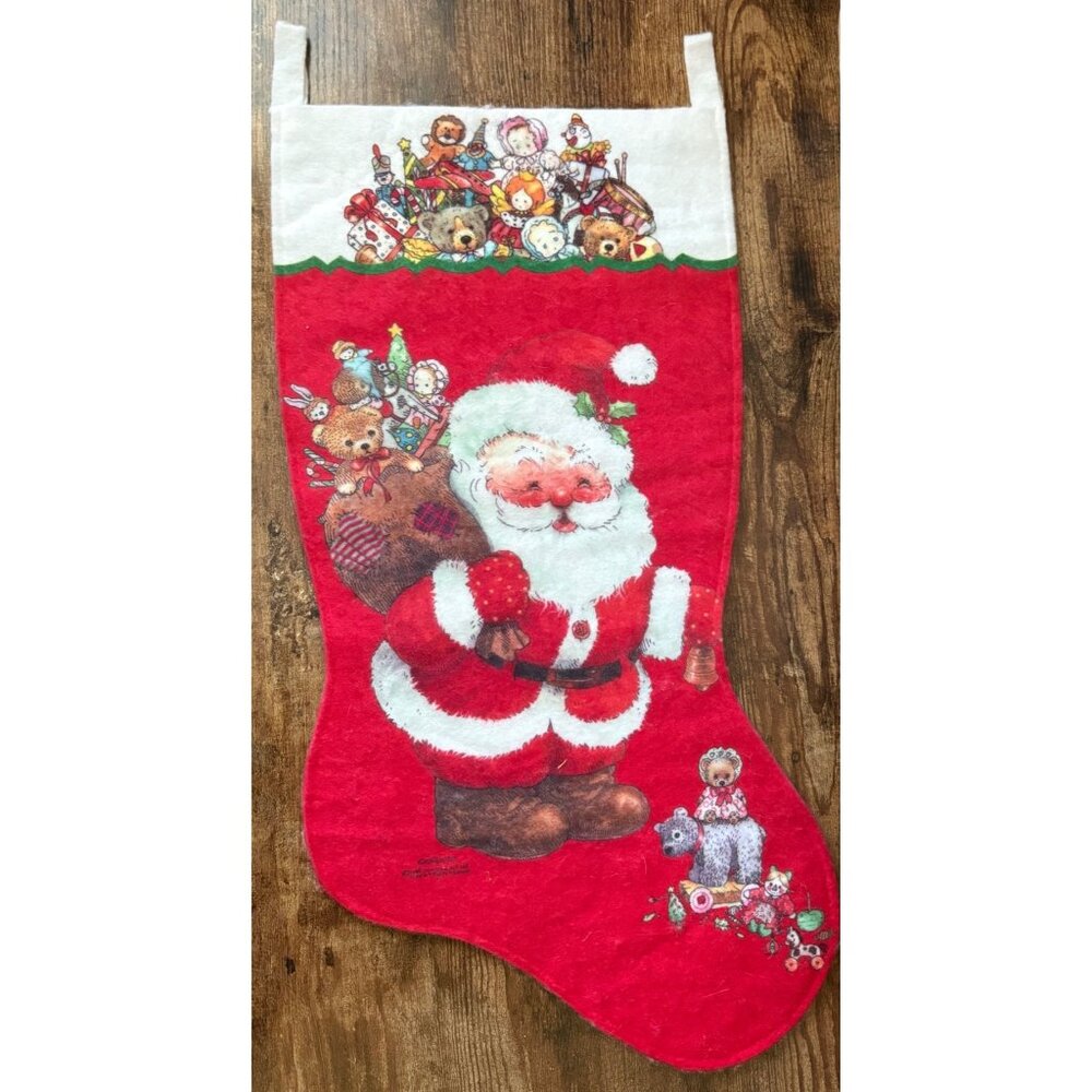 VTG Giordano 1990 Felt Christmas Stocking Jolly Santa Sack of Presents Gifts Red